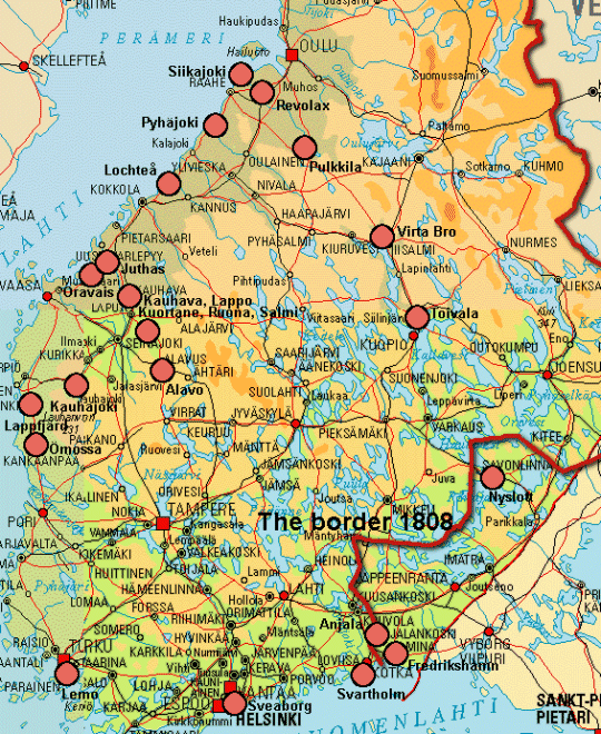map showing the 1808-9 battlefields as red circles
