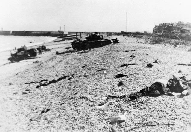 bodies and equipment litter Dieppe beach after the raid of 1942