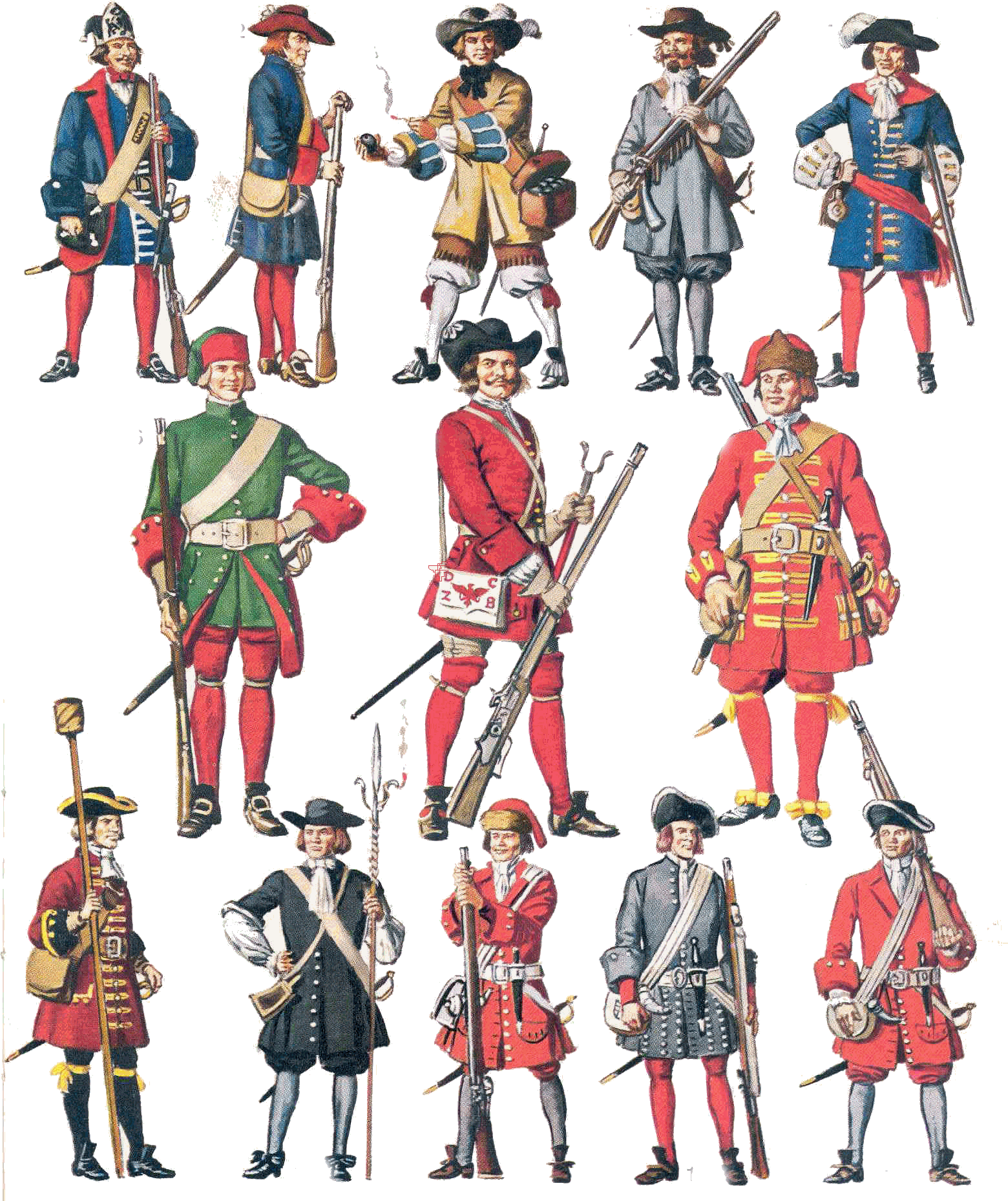 Troops of various periods of the C17 - those in centre and top LH are from Brandenburg