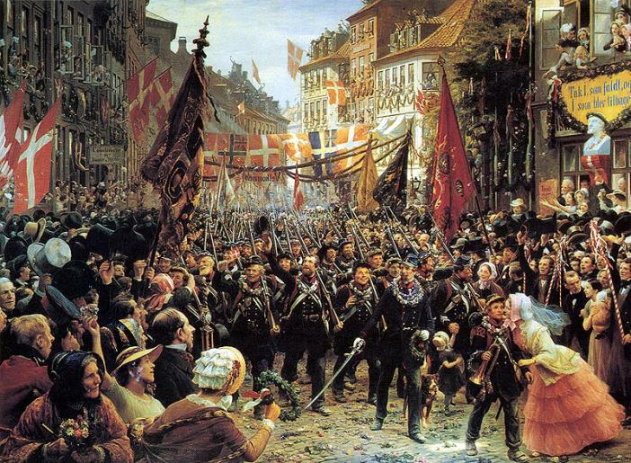 The victorious Danish army returns from Holstein marches down Stroeget 1849
