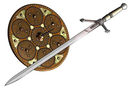 Targe [shield] and Claymore [the two handed sword wielded by early clan chiefs - followers would use the bow or a simple polearm named the Lochaber axe]